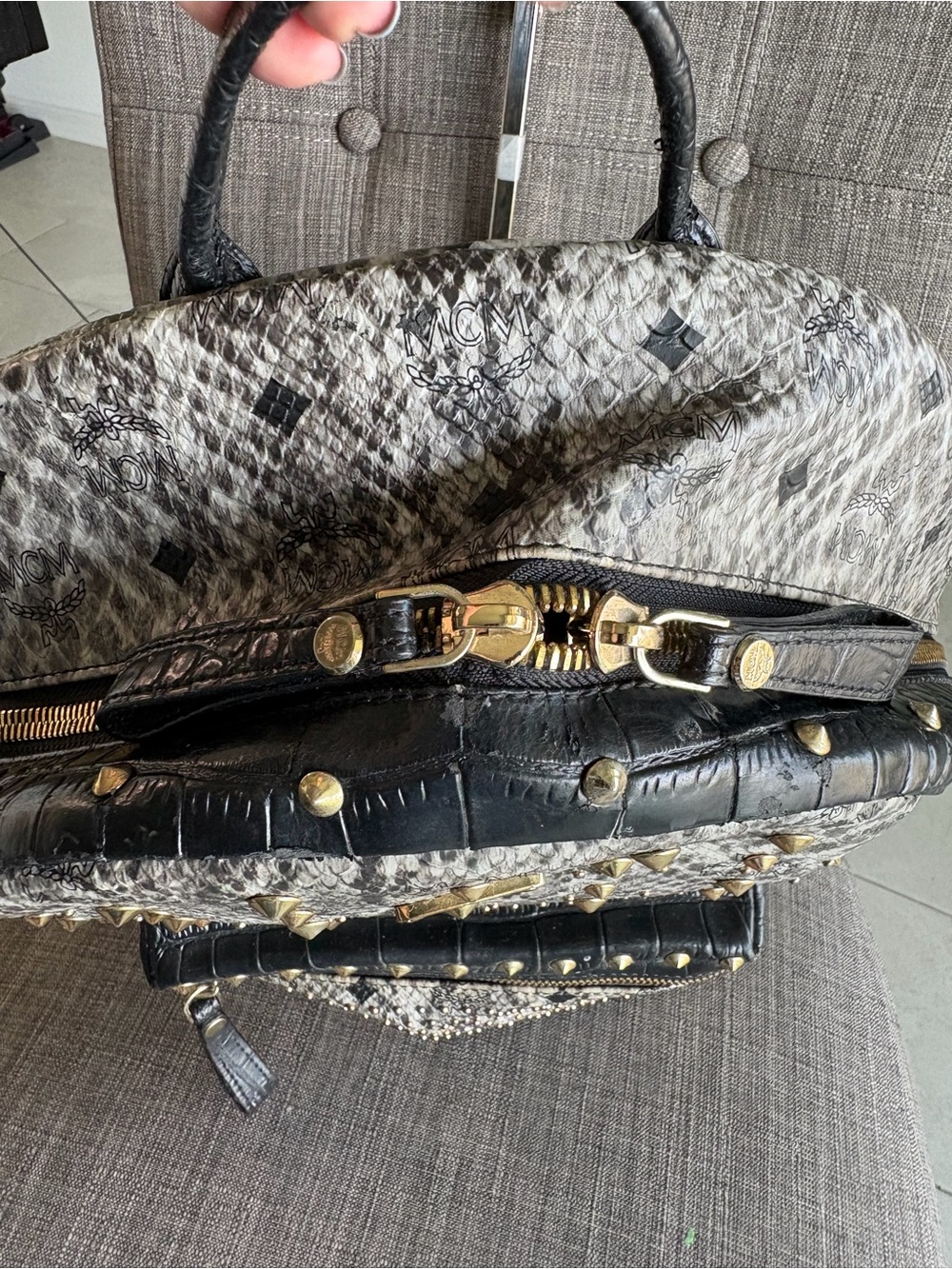 MCM Visetos Studded Mini Backpack - Black & Beige Snakeskin - Picture 4 of 13